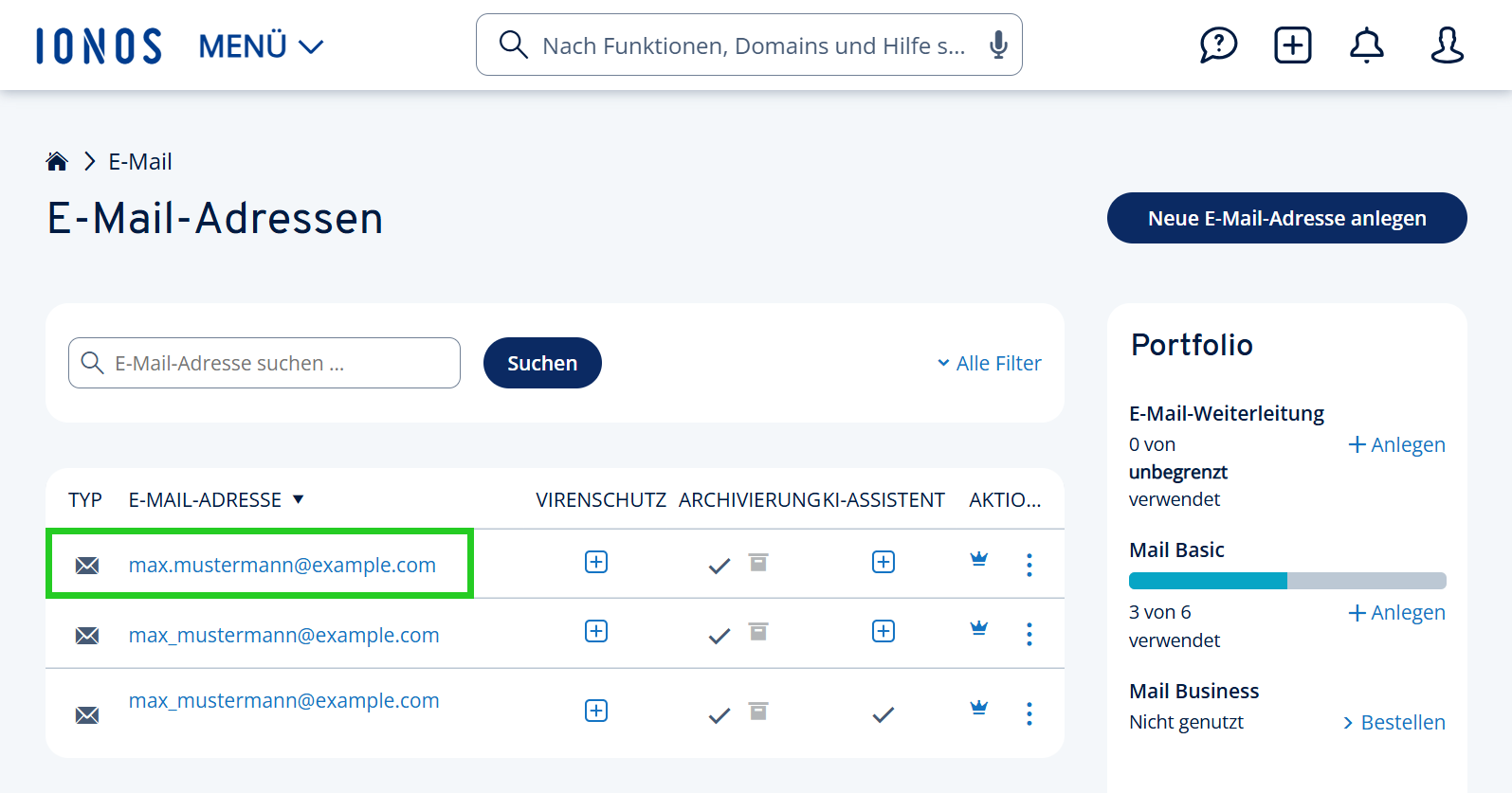 Screenshot: Die E-Mail-Übersicht im IONOS Konto wird angezeigt. In diesem Bereich ist eine der angelegten E-Mail-Adressen hervorgehoben.