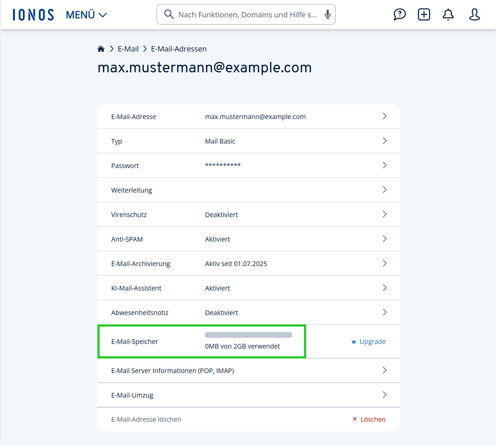 Screenshot: Die Detailansicht einer E-Mail-Adresse im IONOS Konto wird angezeigt. In diesem Bereich ist der belegte und der verfügbarbare Speicherplatz hervorgehoben.