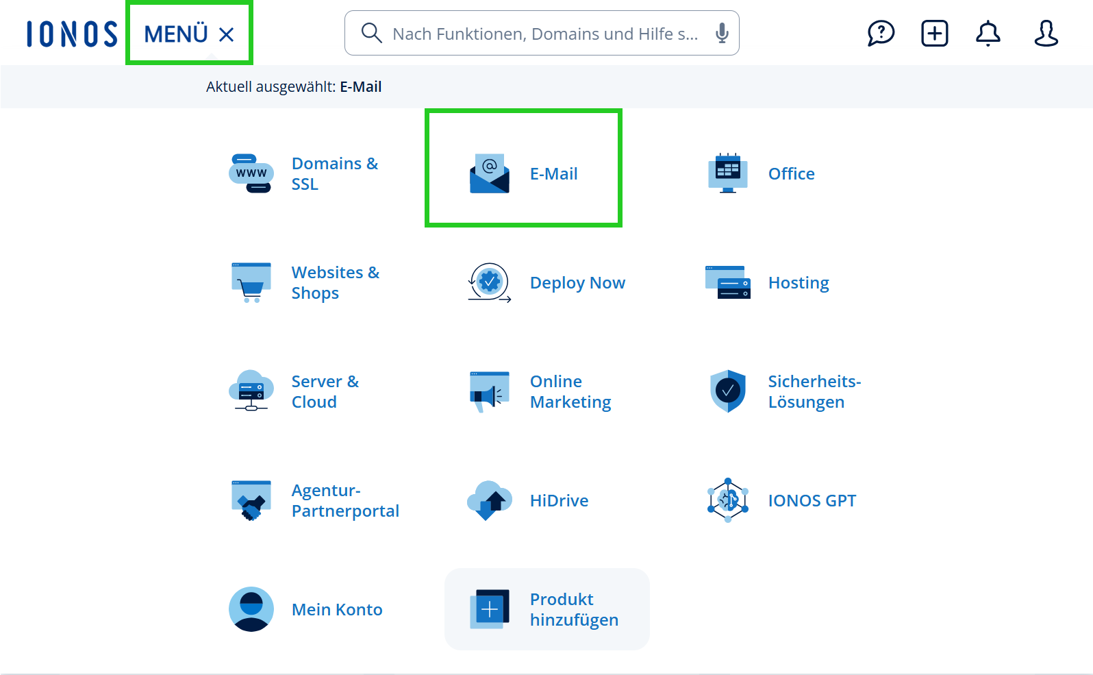 Screenshot: Menü, das über Hauptnavigation geöffnet wird. In dem Screenshot ist die Schaltfläche E-Mail abgebildet.