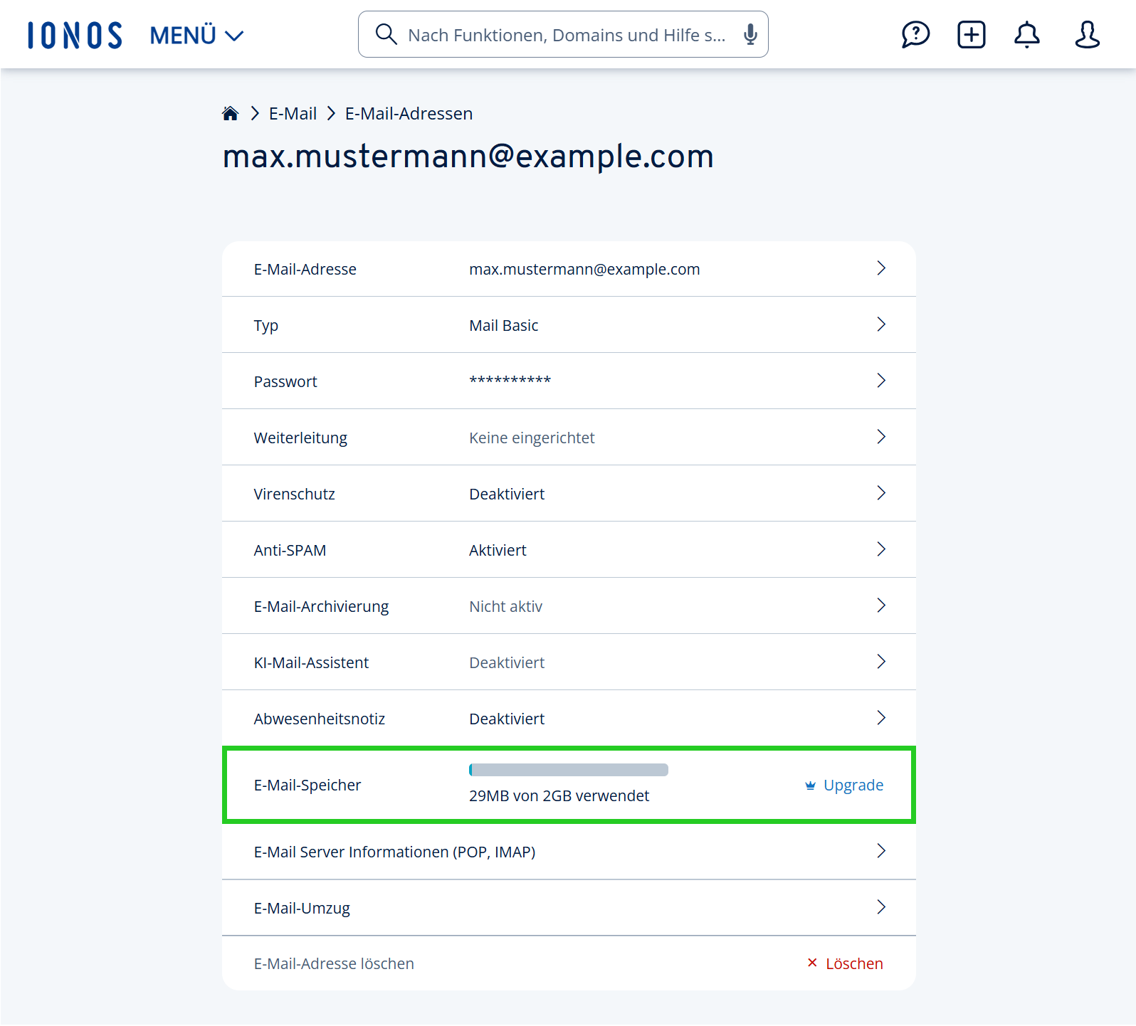 Screenshot: Die Detailansicht einer E-Mail-Adresse im IONOS Konto wird angezeigt. Im Bereich E-Mail-Speicher ist der dem Link Upgrade hervorgehoben.