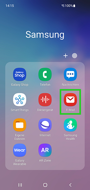 Screenshot: Screen mit verschiedenen Samsung Apps, wie z. B. Galaxy Shop, SmartThings und E-Mail. Die App E-Mail ist in dem Screen hervorgehoben.