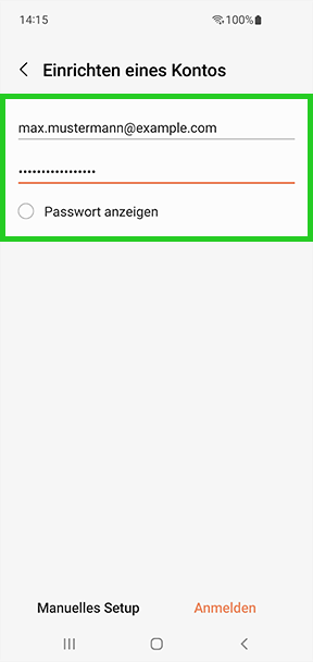Screenshot: Der Screen Einrichten eines Kontos wird angezeigt. In dem Screen sind die eingegebene E-Mail-Adresse, dass Passwort und die Option Passwort anzeigen hervorgehoben.