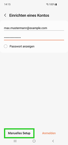 Screenshot: Schaltfläche Manuelles Setup im Screen Einrichten eines Kontos