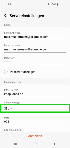 Screenshot: Der Screen Servereinstellungen wird angezeigt. In diesem Screen ist im Bereich Eingangsserver das Feld Sicherheitstyp mit der Einstellung SSL hervorgehoben.