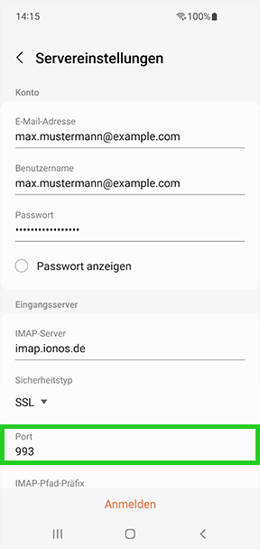 Screenshot: Der Screen Servereinstellungen wird angezeigt. In diesem Screen ist das Feld Port hervorgehoben.