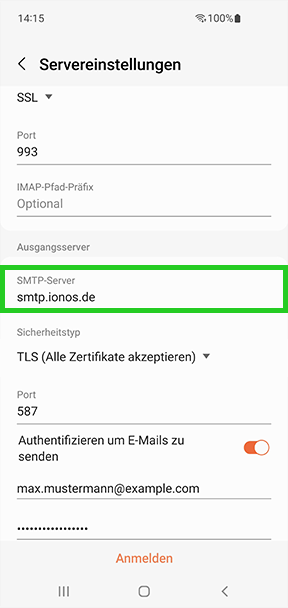Screenshot: Der Screen Servereinstellungen wird angezeigt. In diesem Screen ist das Feld SMTP-Server hervorgehoben.