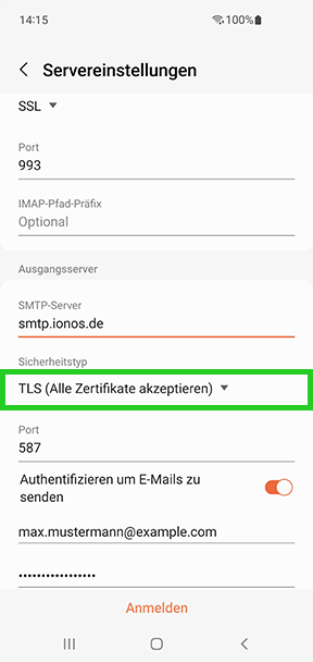 Screenshot: Der Screen Servereinstellungen wird angezeigt. In diesem Screen ist im Bereich SMTP-Server das Feld Sicherheitstyp mit der Einstellung TLS (Alle Zertifikate akzeptieren) hervorgehoben.