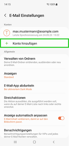 Screenshot: Der Screen E-Mail Einstellungen wird angezeigt. In diesem Screen ist die Schaltfläche + Konto hinzufügen hervorgehoben.