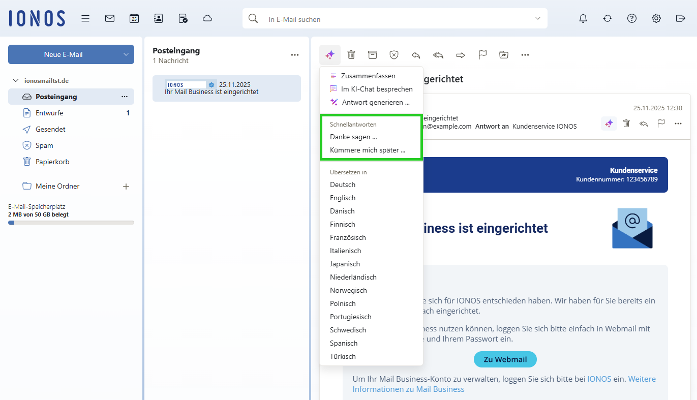 Screenshot: Im KI-Menü von Webmail wird eine Liste mit Aktionen angezeigt. In diesem Menü ist der Bereich Schnellantworten mit den Aktionen „Danke sagen …“ und „Kümmere mich später …“ hervorgehoben.
