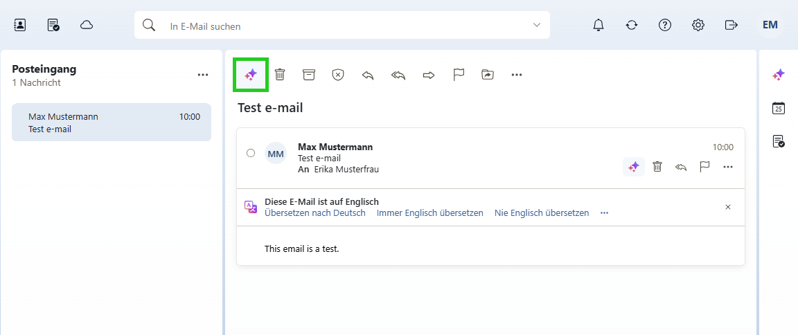 Screenshot: In der Navigation ist die Schaltfläche mit den drei Sternsymbolen hervorgehoben. Über diese Schaltfläche haben Sie Zugriff auf die KI-Aktionen.