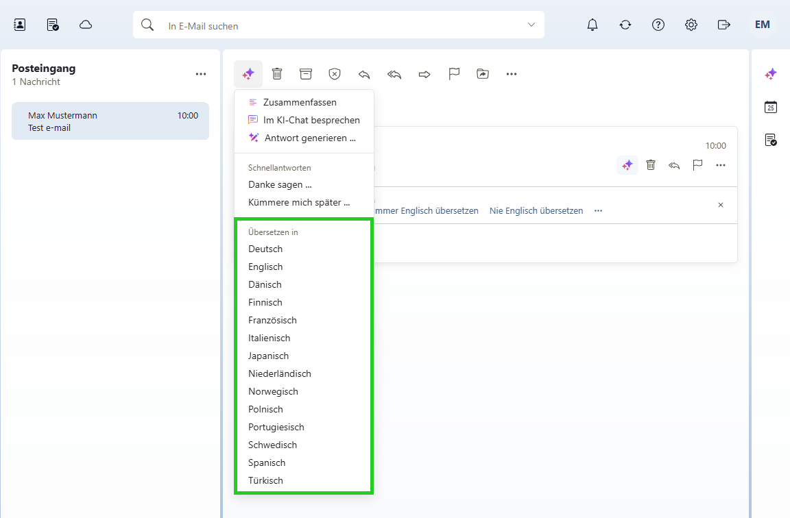 Screenshot: Im KI-Menü von Webmail wird eine Liste mit Aktionen angezeigt. In diesem Menü ist der Bereich Übersetzen in hervorgehoben, in dem die verfügbaren Sprachen abgebildet sind.