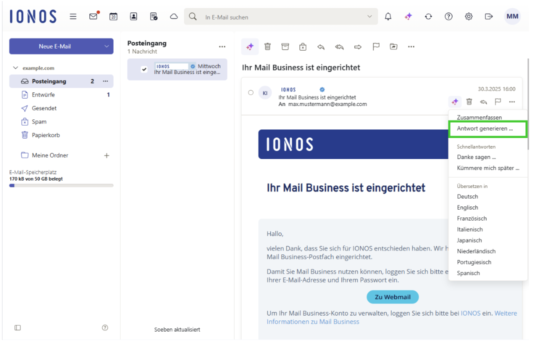 Screenshot: In der E-Mail-Symbolleiste wird unterhalb von der Schaltfläche AI eine Liste angezeigt. In dieser Liste ist der Abschnitt Übersetzen in mit den möglichen Zielsprachen hervorgehoben.