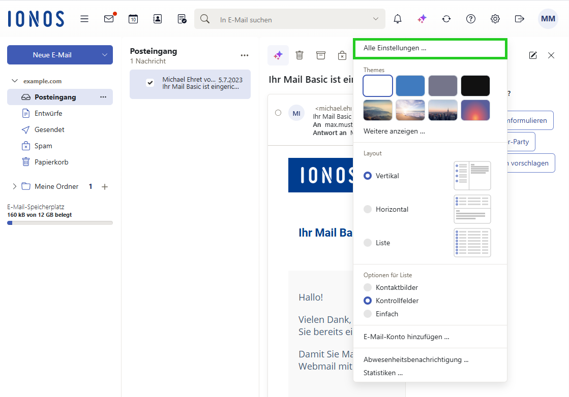 Screenshot: In Webmail wird unterhalb des Zahnradsymbols ein Menü angezeigt. In dieser Liste ist der Menüpunkt Alle Einstellungen... hervorgehoben.