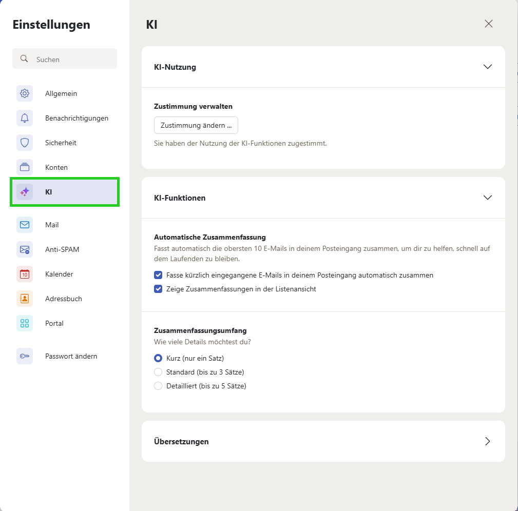 Screenshot: Im Fenster Einstellungen ist der Menüpunkt KI in der Navagationsleiste links hervorgehoben.