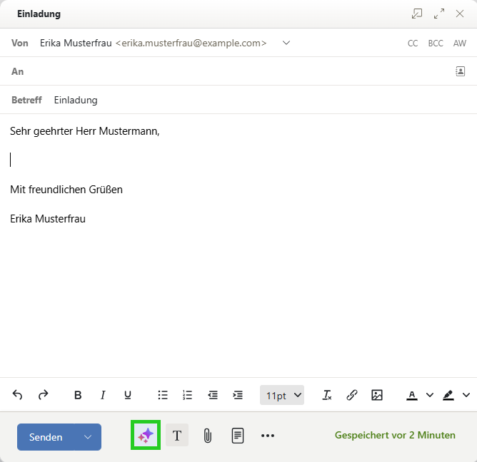 Screenshot: Eine neue E-Mail wird angezeigt. In der neuen E-Mail ist die Schaltfläche mit den drei Sternsymbolen (Tooltip KI-Integration) hervorgehoben.