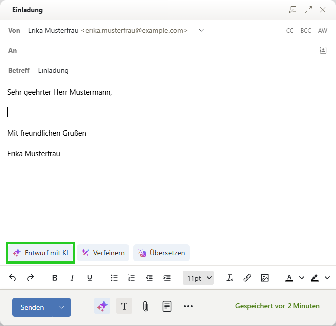 Screenshot: Eine neue E-Mail wird angezeigt. In der neuen E-Mail ist die Schaltfläche Entwurf mit KI hervorgehoben.