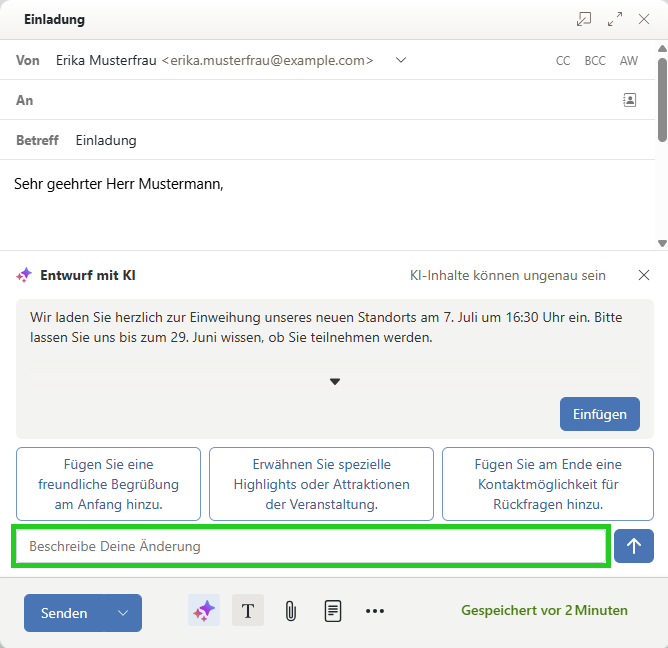 Screenshot: Eine neue E-Mail wird angezeigt. In der neuen E-Mail wird der Abschnitt Entwurf mit KI mit dem erstellten Textvorschlag angezeigt. Unterhalb des Vorschlags ist das Feld Beschreibe deine Änderung  hervorgehoben.