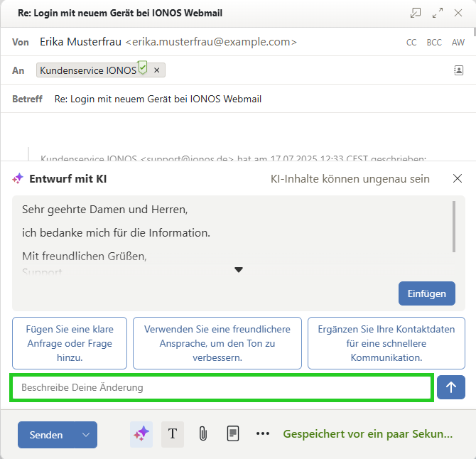 Screenshot: Eine neue E-Mail wird angezeigt. In der neuen E-Mail wird der Abschnitt Entwurf mit KI mit dem erstellten Textvorschlag angezeigt. Unterhalb des Vorschlags ist das Feld Beschreibe deine Änderung hervorgehoben.