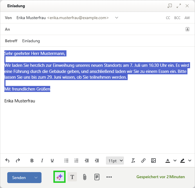 Screenshot: Eine neue E-Mail wird angezeigt. In der neuen E-Mail ist die Schaltfläche Entwurf mit KI hervorgehoben.