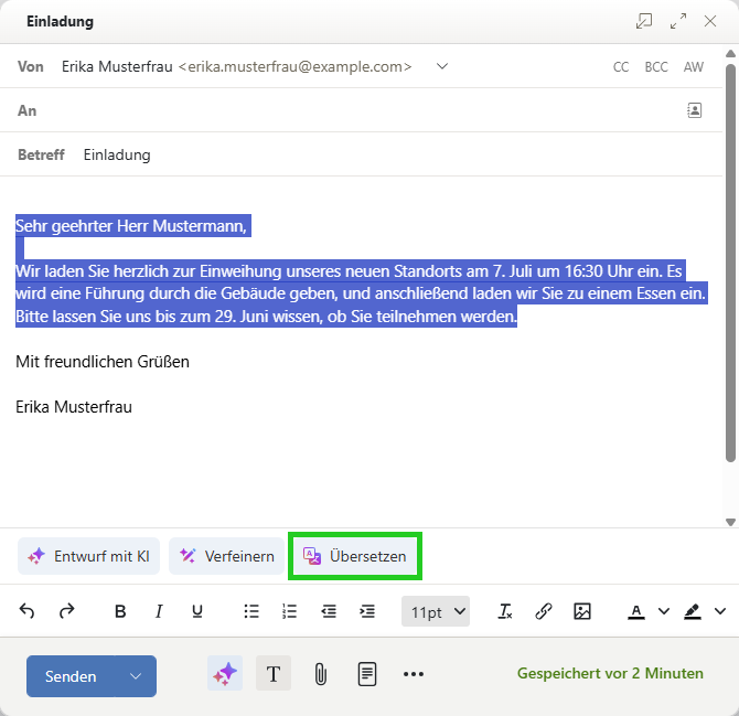 Screenshot: Eine neue E-Mail wird angezeigt. In der neuen E-Mail ist die Schaltfläche Übersetzen hervorgehoben.