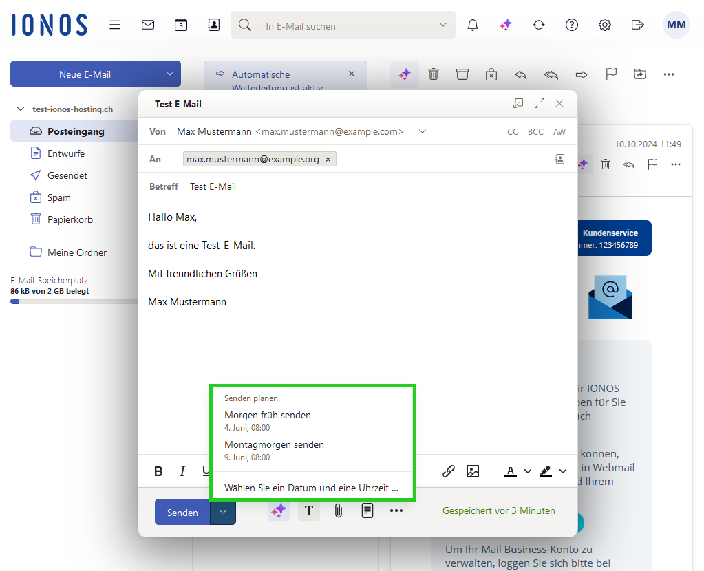 Screenshot des IONOS Webmailers. Der Dialog zum Erstellen einer neuen E-Mail ist geöffnet und darin ist wiederum das Menü mit den Optionen für den zeitversetzten Versand geöffnet.