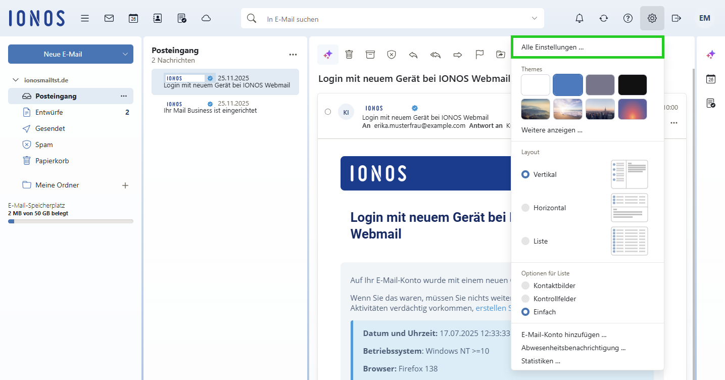 Screenshot: Liste mit den Einstellungen von Webmail. Der Menüpunkt Alle Einstellungen... ist hervorgehoben.