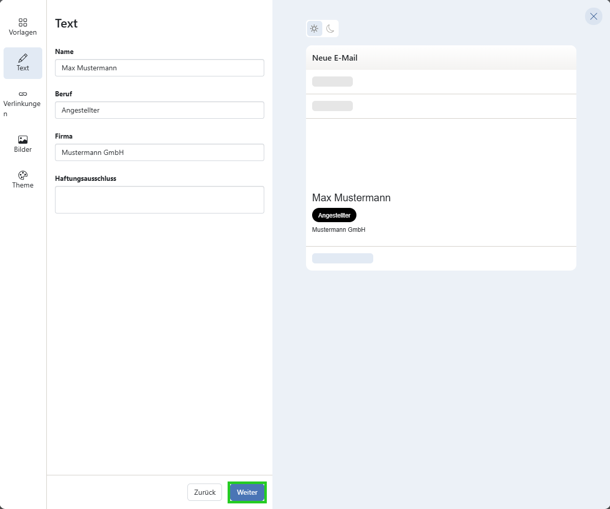Screenshot: Der Bereich Text wird angezeigt. In diesem Bereich ist die Schaltfläche Weiter hervorgehoben.