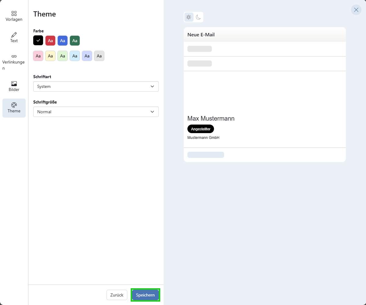 Screenshot: Im Bereich Theme ist die Schaltfläche Speichern hervorgehoben.