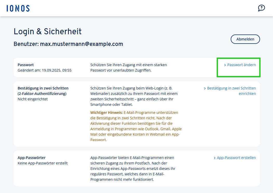 Screenshot: Die Seite Login & Sicherheit wird angezeigt. Auf dieser Seite ist der Link "Passwort ändern" hervorgehoben.