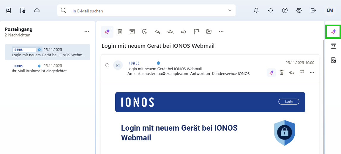 Screenshot: In Webmail wird eine geöffnete E-Mail im Posteingang angezeigt. In der Werkzeugleiste oberhalb von der E-Mail ist die Schaltfläche mit den drei Sternsymbolen hervorgehoben.