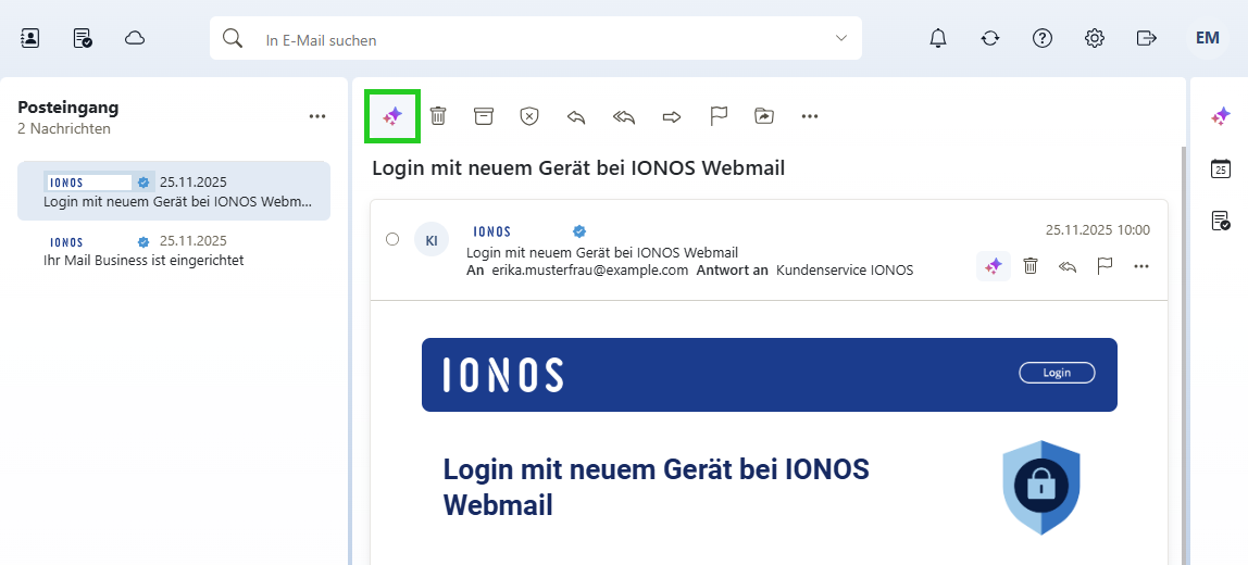 Screenshot: In Webmail wird eine geöffnete E-Mail im Posteingang angezeigt. In der Werkzeugleiste oberhalb von der E-Mail ist die Schaltfläche mit den drei Sternsymbolen hervorgehoben.
