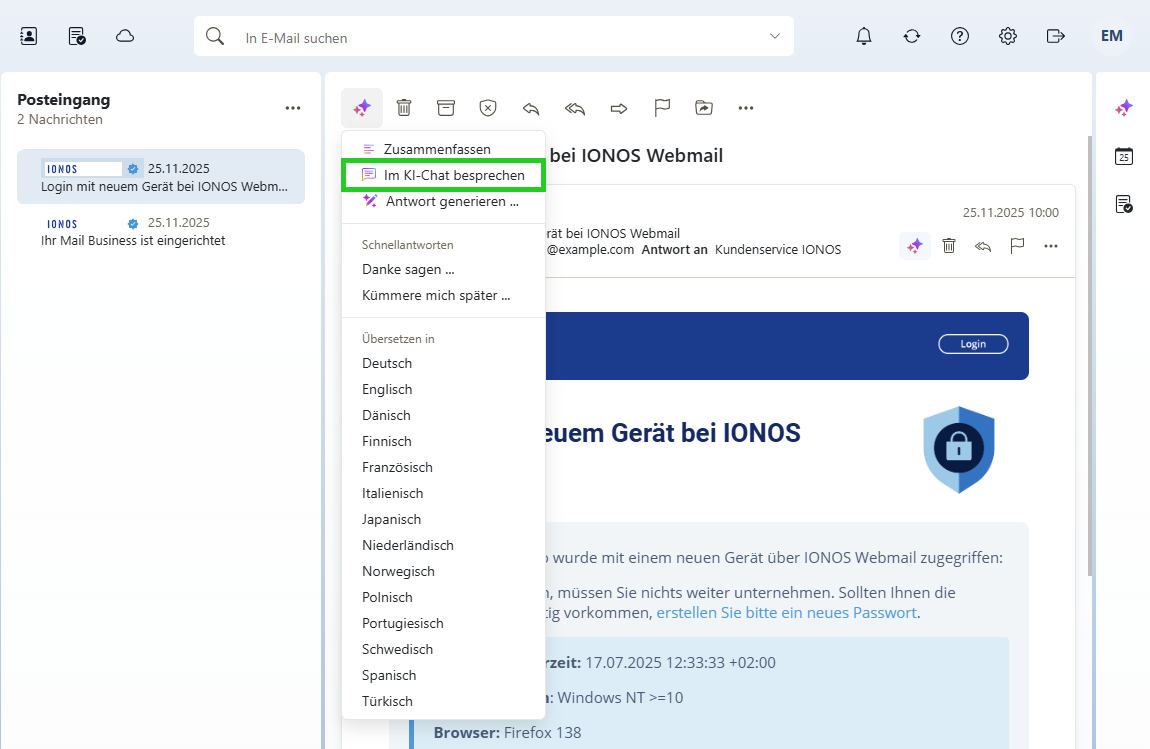 Screenshot: In Webmail wird eine geöffnete E-Mail im Posteingang angezeigt. Im KI-Menü ist die Option Im KI‑Chat besprechen hervorgehoben.