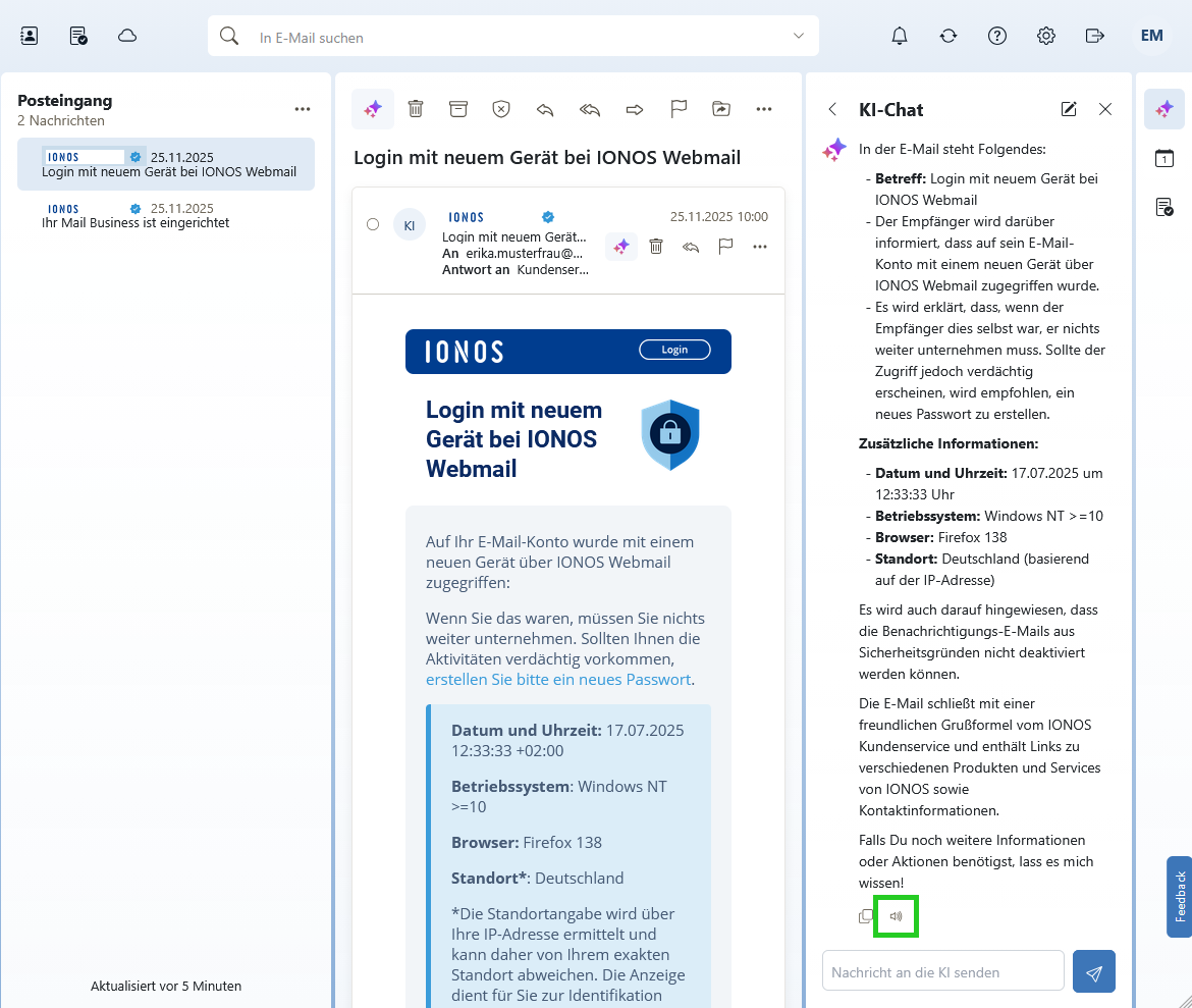 Screenshot: In IONOS Webmail wird eine geöffnete Nachricht angezeigt. Rechts neben der geöffneten E-Mail wird die Spalte KIC-Chat angezeigt. In dieser Spalte ist das Lautsprechersymbol zum Vorlesen der E‑Mail hervorgehoben.