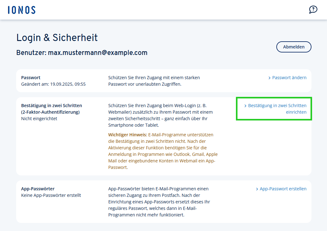 Screenshot: Die Seite Login & Sicherheit wird angezeigt. Auf dieser Seite ist der Link "Bestätigung in zwei Schritten einrichten" hervorgehoben.