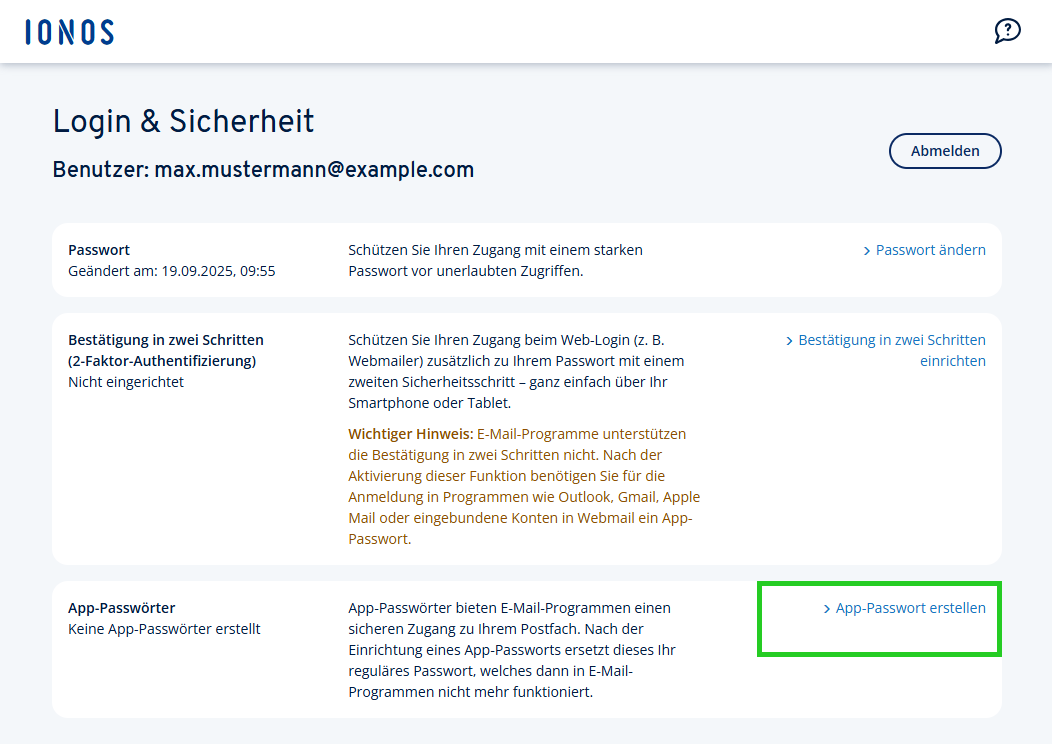 Screenshot: Die Seite Login & Sicherheit wird angezeigt. Auf dieser Seite ist der Link "App-Passwort erstellen" hervorgehoben.