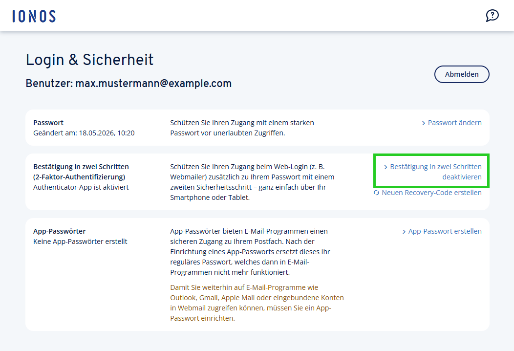 Screenshot: In Webmail wird die Seite Login & Sicherheit angezeigt. Auf dieser Seite ist der Link Link "Bestätigung in zwei Schritten deaktivieren" hervorgehoben. 
