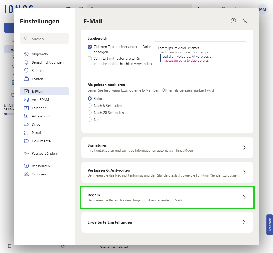 Screenshot: Im Fenster Einstellungen ist der Bereich Regeln hervorgehoben.