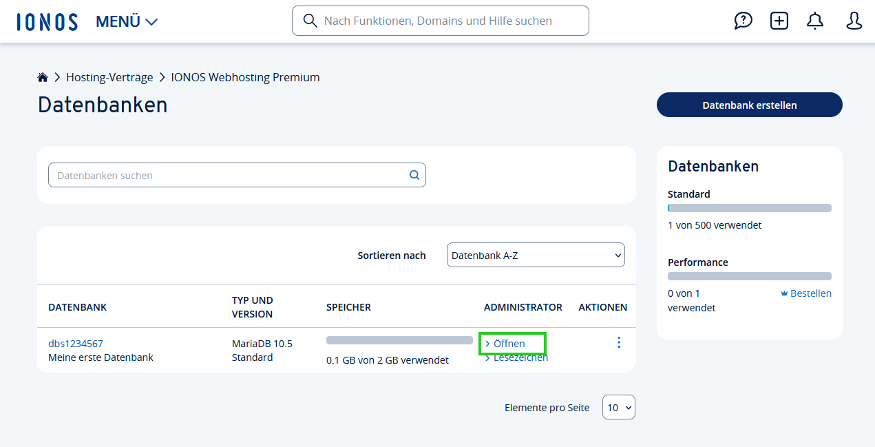 Screenshot des Bereichs "Datenbanken" im IONOS Konto. Der Link zum Öffnen von IONOS phpMyAdmin ist durch einen grünen Rahmen hervorgehoben.