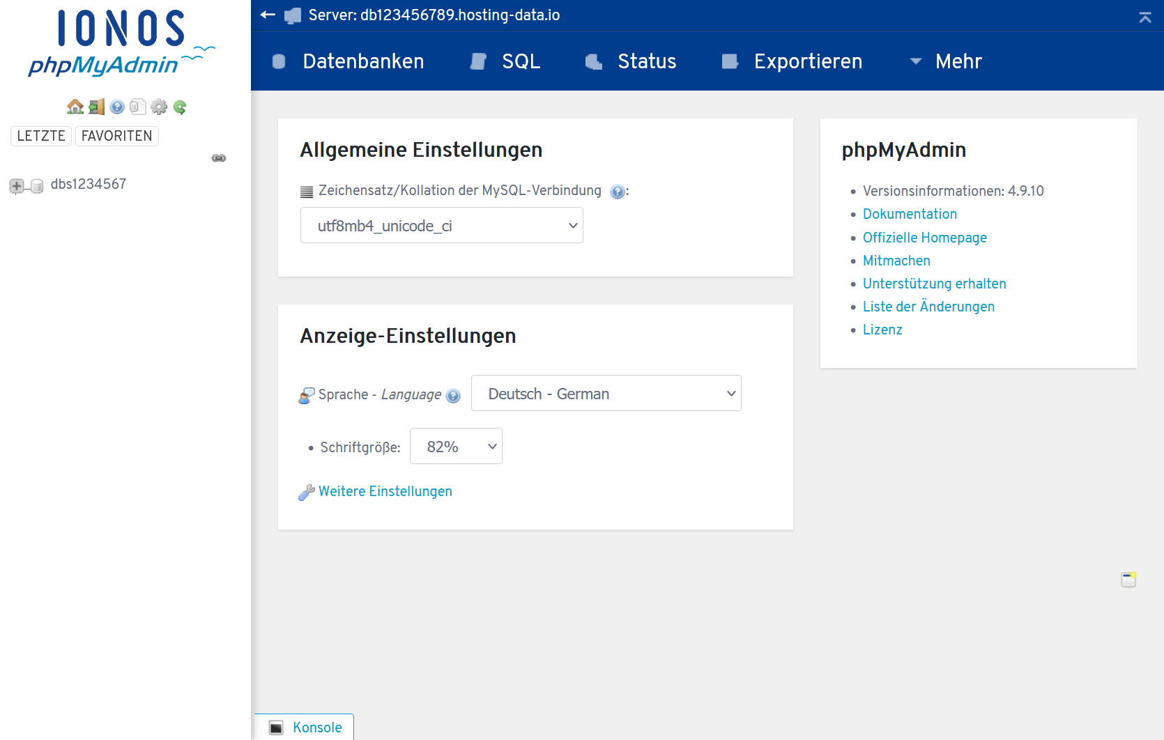 Screenshot: Die Startseite von phpMyAdmin von IONOS mit Informationen zu den allgemeinen Einstellungen, den Anzeigeeinstellungen und weiteren Ressourcen zu phpMyAdmin.