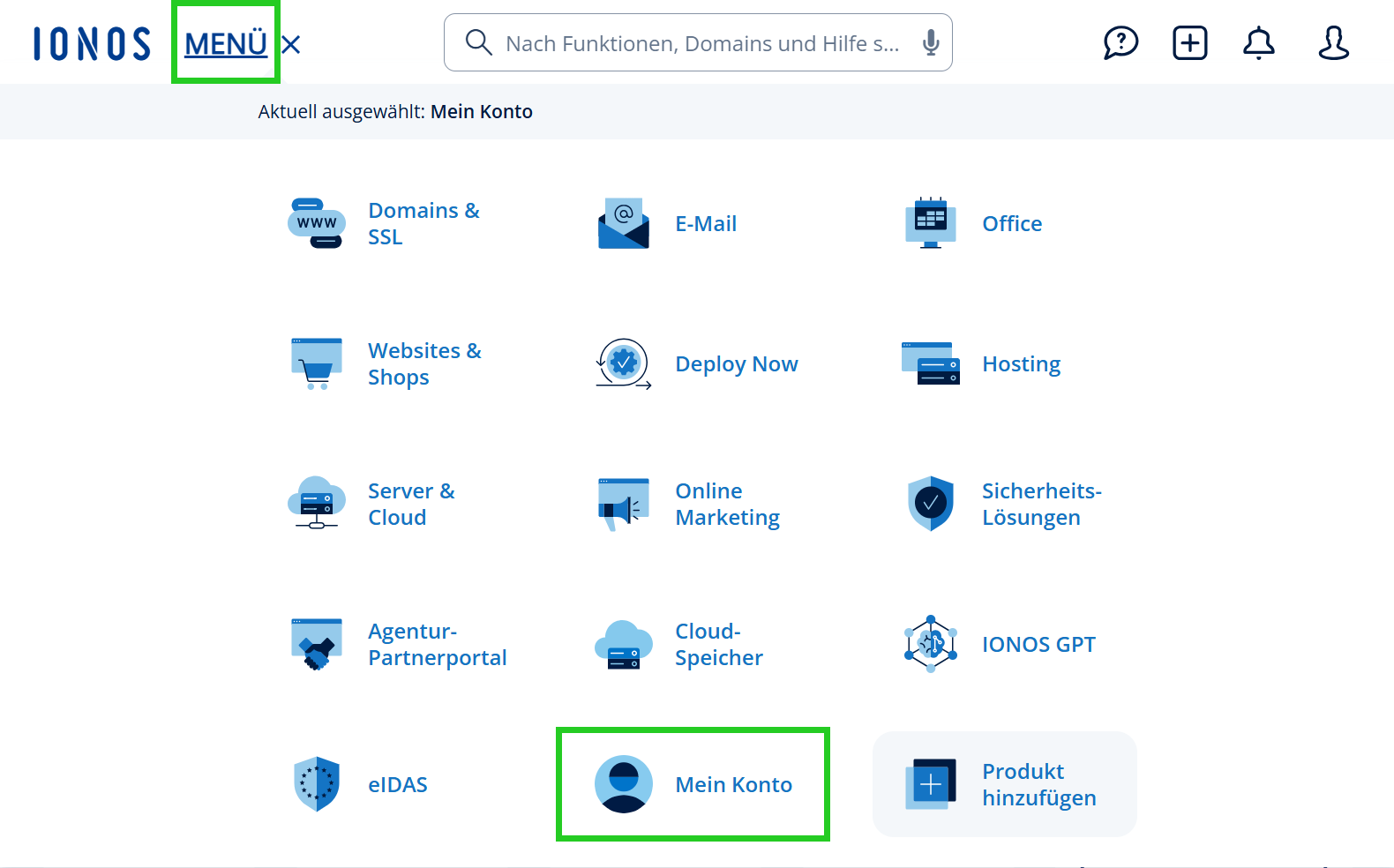 Screenshot: IONOS Konto-Menü. Markiert sind die Schaltflächen für den Aufruf des Menüs und der Unterpunkt "Mein Konto".