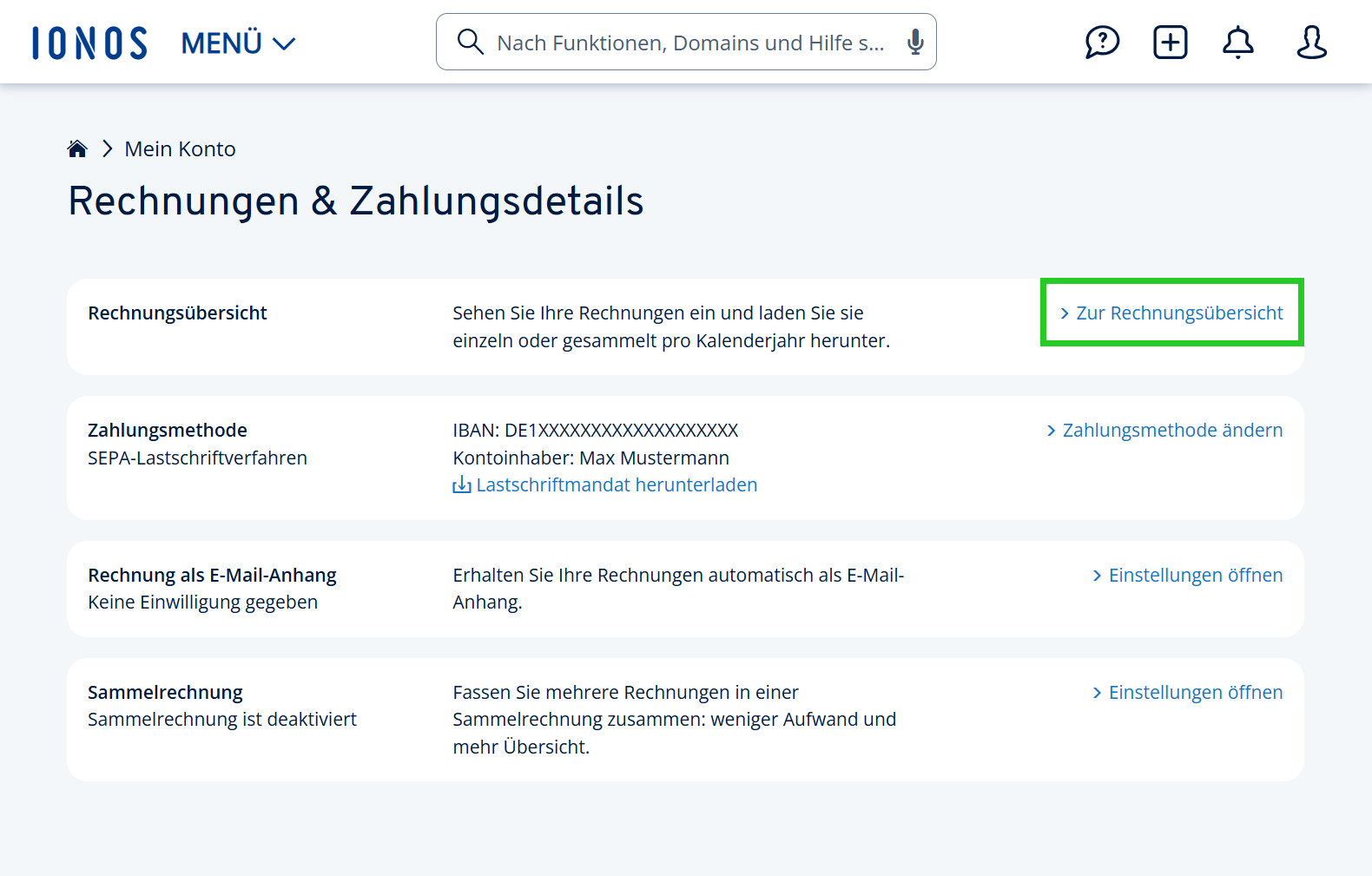 Screenshot:IONOS Konto, Bereich "Rechnungen und Zahlungsdetails". Markiert ist der Link "Zur Rechnungsübersicht".