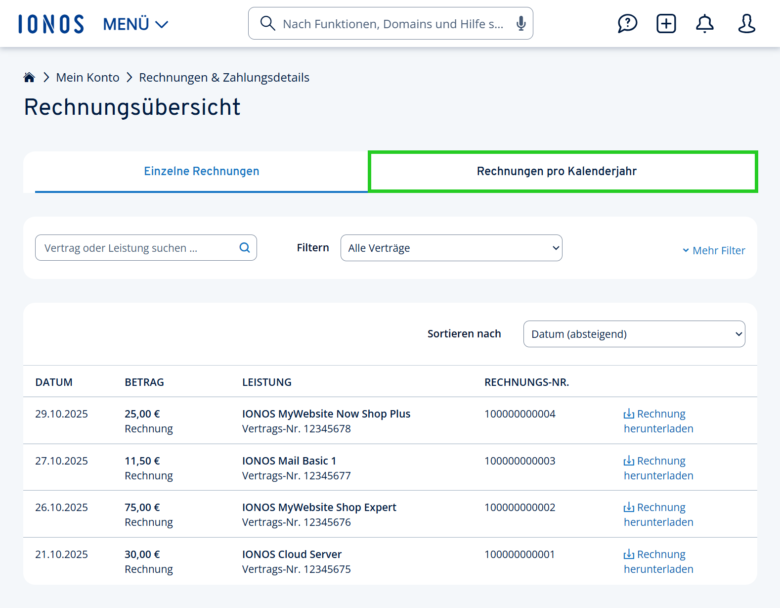Screenshot: Der Bereich "Rechnungsübersicht" im IONOS Konto. Markiert ist der Reiter "Rechnungen pro Kalenderjahr".