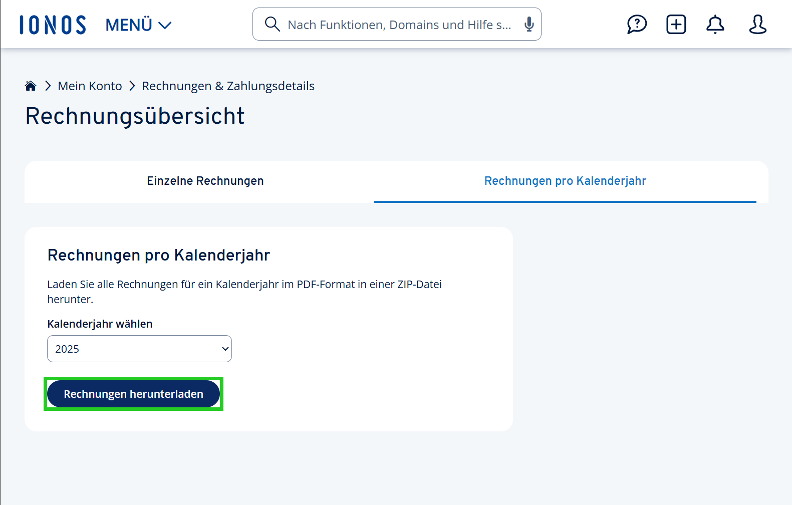 Screenshot: Der Bereich "Rechnungsübersicht" im IONOS Konto. Markiert ist die Schaltfläche "Rechnungen herunterladen".