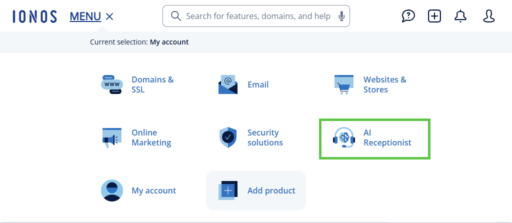 Die Produktübersicht im IONOS Konto. Die Kachel "KI-Telefon-assistent" ist grün hervorgehoben.