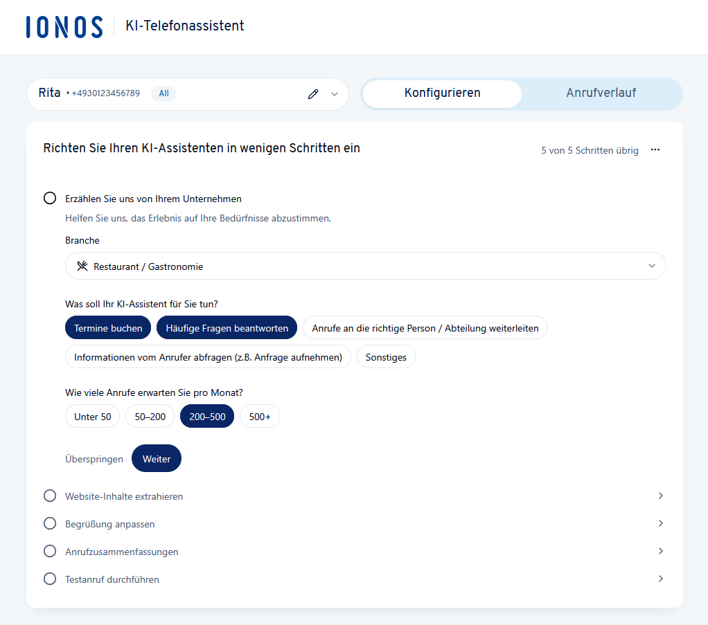 Optionale Eingabe grundlegender Informationen zu Ihrem Unternehmen im IONOS Konto.