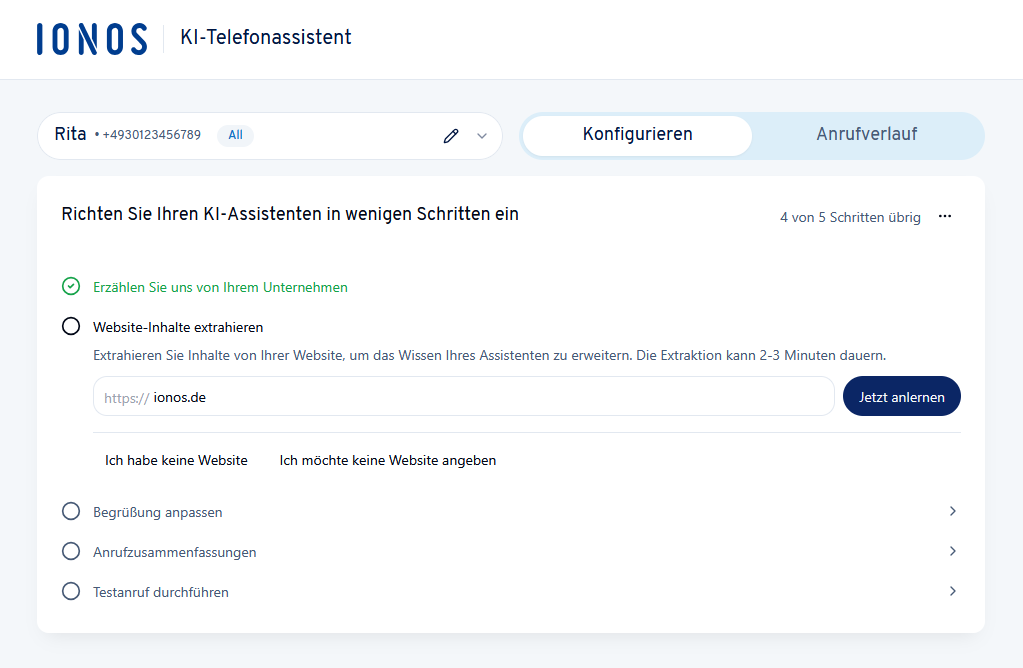 Eingabefeld für die Domain zur Extraktion von Website-Inhalten im IONOS Konto.