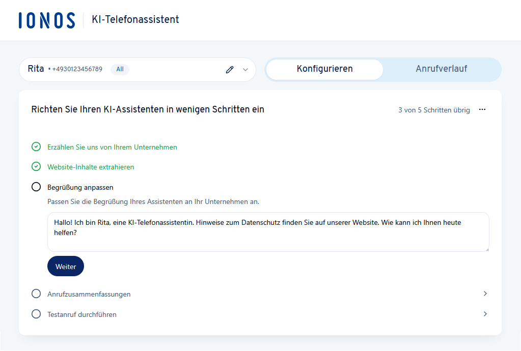 Textfeld zur Anpassung der Begrüßungsnachricht des KI-Telefonassistenten.