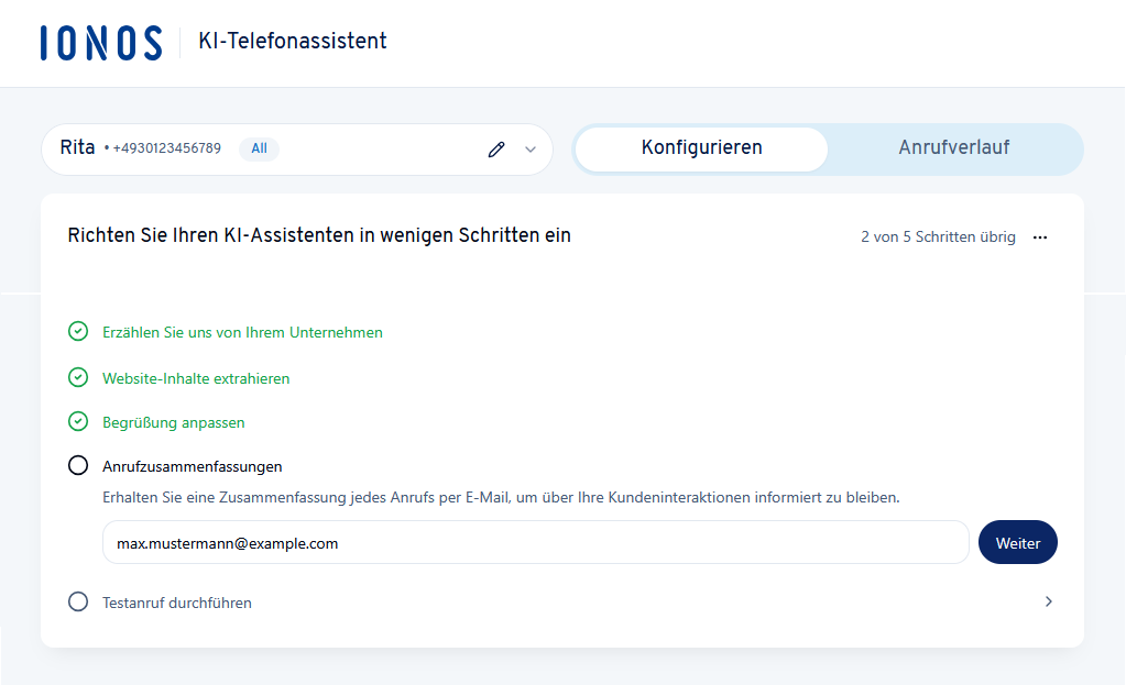 Eingabemaske für die E-Mail-Adresse zum Empfang von Anrufzusammenfassungen.
