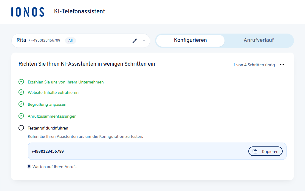 Anzeige der zugewiesenen Rufnummer für den initialen Testanruf im IONOS Portal.