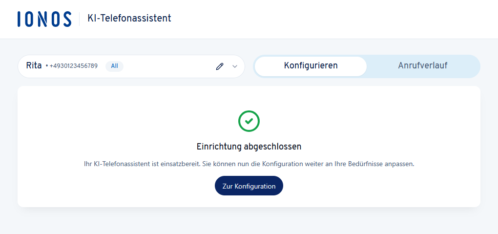 Abbildung: Bestätigungsmeldung über die abgeschlossene Einrichtung des KI-Telefonassistenten im IONOS Konto